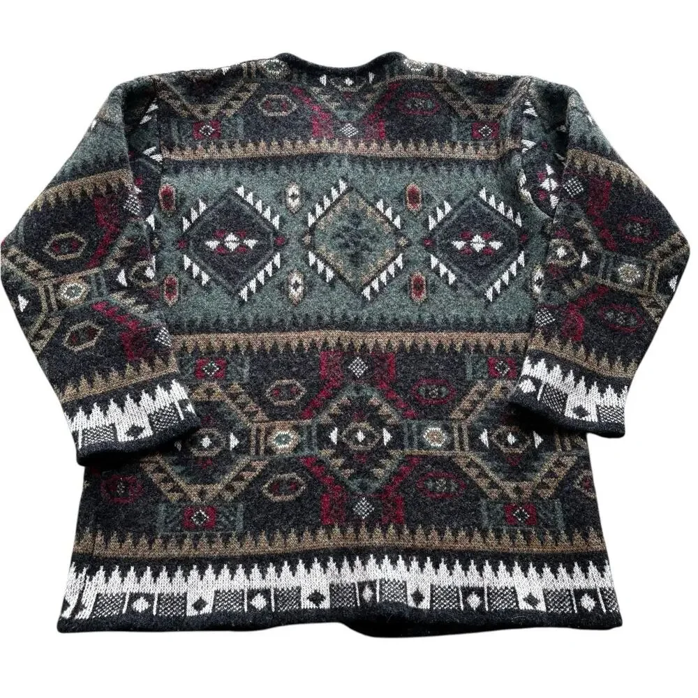 Vintage Aztec Blanket Wool Cardigan Sweater Green Gray Southwestern Ranch Small